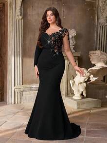 Aureia Vestido maxi de sirena con mangas largas, elegante y lujoso, con bordados de encaje, diamantes y aplicaciones de perlas, elástico y fruncido, adecuado para bodas, fiestas, graduaciones y galas (muy adornado)