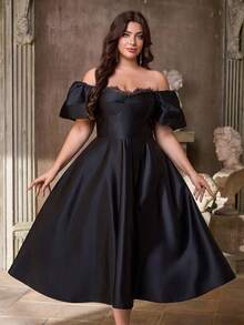 Aureia فستان أنيق وفاخر بأكمام مبالغ فيها وتفاصيل دانتيل على الكتف مع تنورة على شكل حرف A، مناسب للسهرات المسائية والمناسبات الخاصة كالمواعيد والعطلات والزفاف والتخرج والحفلات الراقصة