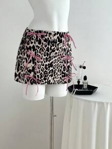 SHEIN Unity 1pc Women's Leopard Print Mini Skirt, Colorful Party, Christmas, Valentine's Day, Contrast Bow Decor, Bodycon Fit, Fashion Party Skirt - Multicolor - View 3