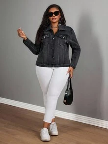 SHEIN SXY Áo khoác denim dài tay màu trơn cỡ lớn dành cho nữ, kiểu dáng thường ngày, thích hợp cho mùa đông. - màu đen - Xem 3