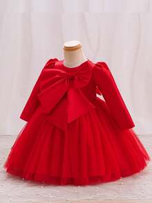 Glamorique Kids Ropa de Navidad para bebé niña, vestido de fiesta de Navidad y cumpleaños para bebé niña, conjunto de otoño de manga larga, vestido elegante rojo con lazo 3D, tul y malla etérea, vestido de princesa esponjoso