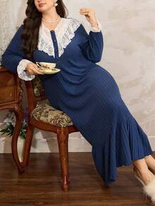 Côtesoire 加大码法式蕾丝荷叶边下摆长裙，优雅睡袍，适合秋冬蕾丝边睡袍长袖睡袍女式睡袍女士睡裙复古睡袍加大码睡袍睡裙睡衣裙，秋季，舒适服装 - 藏蓝色 - 查看 5