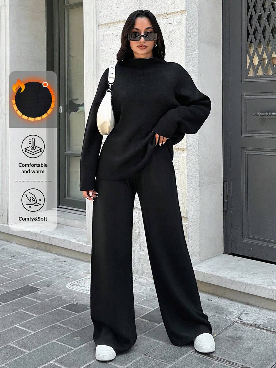SHEIN Tall Drop Shoulder Sweater & Knit Pants - Black - View 1