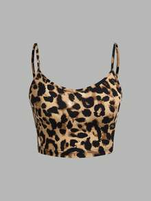 SHEIN EZwear 3 件套女士休闲简约豹纹印花套装 - 短款上衣、吊带背心、短裤、夏季 - 彩色 - 查看 5