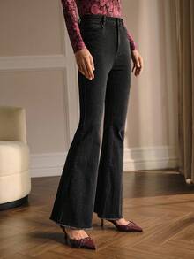 MOTF PREMIUM 秋冬毛边喇叭牛仔裤 - 黑色 - 查看 4