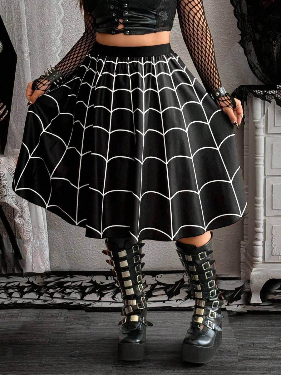 Whyspr Váy xòe cạp chun co giãn phong cách mạng nhện Gothic tối màu cổ điển mới, hóa trang Halloween - Đen và trắng - Xem 1