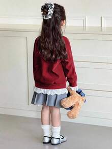 Genkimix Kids 女童休闲时尚运动插肩袖宽松蕾丝蝴蝶结刺绣贴花蕾丝边甜美时尚夹克 - 酒紅色 - 查看 2