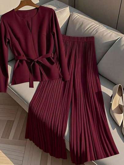 GlowEve Women's Burgundy Thick Fabric V-Neck Waist Tie Design Long Sleeve Top And Wide Leg Pleated Pants Elegant Sophisticated Outfit, Suitable For Back To School, Teacher's Outfit, Student Uniform, Thanksgiving, Halloween, Birthday Party, Cocktail Party, Work Attire, Autumn New Arrival Fashion Set, Long Sleeve Top And Wide Leg Pants 2 Pieces Set