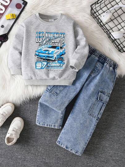 SHEIN 2件套男童圆领长袖运动衫和牛仔长裤，春秋季