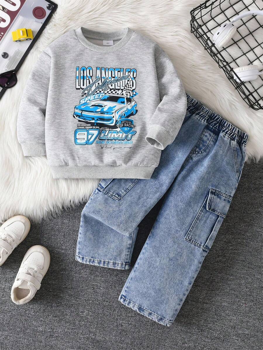 SHEIN 2件套男童圆领长袖运动衫和牛仔长裤，春秋季 - 彩色 - 查看 1