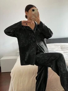 DAZY Traditional Chinese Style Bamboo Pattern Jacquard Satin Pajama Set, Fall Clothes - Black - View 4