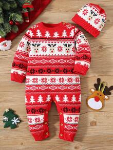 SHEIN 2pcs Baby Boy Red Thick Deer & Snowflake Pattern Loose Knit Jumpsuit With Jacquard Hat, Suitable For Christmas - Red - View 2