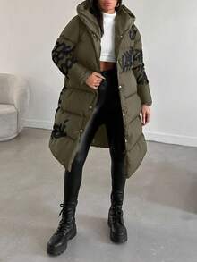 EURMUSE Women's Letter Pattern Buttoned Hooded Padded Coat Jacket - Khaki - View 5