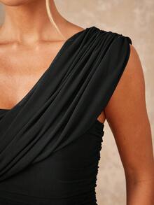 Lumalex 2025新款夏季海滩度假复活节波西米亚风沙滩户外婚礼季派对成人仪式返校派对优雅安哥拉红色网纱单肩褶皱修身长裙女装，优雅女装 - 黑色 - 查看 3