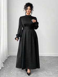 Elenzga Váy buộc eo màu trơn thanh lịch cỡ lớn - màu đen - Xem 4