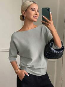 DAZY 女士纯色修身船领半袖休闲优雅针织上衣，秋冬款 - 淺灰色 - 查看 4
