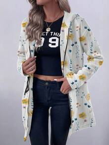 EMERY ROSE 女士休闲度假抽绳口袋连帽运动衫，薄款长款皮草印花夹克 - 彩色 - 查看 5