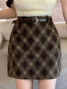 DAZY 女士格子A字迷你裙，休闲学院风秋冬女裙 - 棕色 - 查看 6