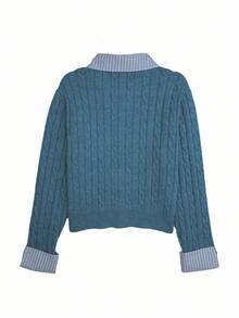 Chiquease 时尚博主风格的二合一拼布针织开衫 - 水鴨藍 - 查看 2