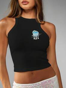 MISSGUIDED Ribbed Sleeveless Crop Top High Neck Summer Beach Wear Party Casual Night Club Festival Fitted Tank With Jellyfish Applique Embellishment - Black - View 1
