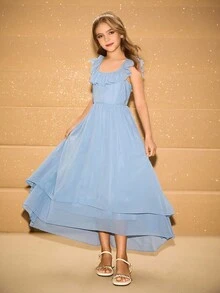 女童甜美飘逸方领荷叶边下摆长裙，适合花童、婚礼、舞会、生日派对、返校、毕业典礼、圣诞节、万圣节 - 藍色 - 查看 4