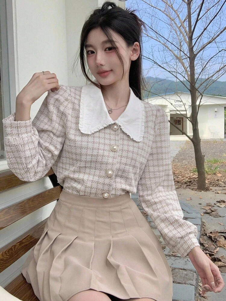 Women's Contrast Collar Puff Sleeve Shirt,Long Sleeve Tops,Fall Clothes Plaid