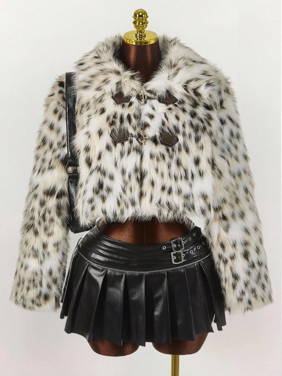 Y2K Amplova Polka Dot Zip Up Short Faux Fur Jacket For Winter Cheetah Print Jacket Faux Fur Coat Animal Print Clothes Leopard Print Jacket - Multicolor - View 1