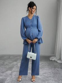 Momance 2pcs Maternity Set: Long Sleeve Shirred Button Front Cardigan With Shirred Waist Design, Loose Fit Maternity Pants - Blue - View 1