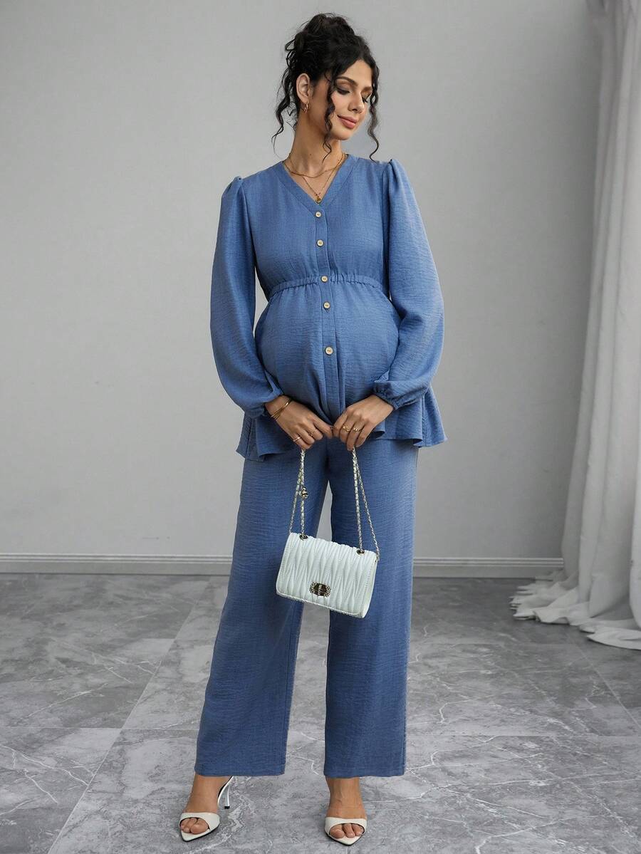 Momance 2pcs Maternity Set: Long Sleeve Shirred Button Front Cardigan With Shirred Waist Design, Loose Fit Maternity Pants - Blue - View 1