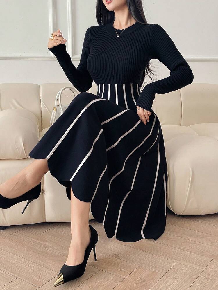 Women's Elegant Colorblock Striped Sweater Dress, Autumn