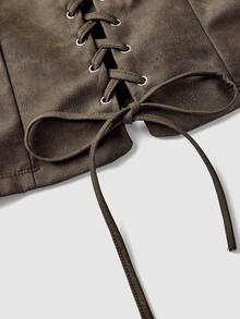 SHEIN MOD Áo tank top nữ cỡ lớn màu nâu sô cô la kiểu vintage, có khuy cài và dây buộc, thích hợp mặc hàng ngày, mùa thu/đông, phong cách miền Tây, đi xem hòa nhạc, công sở, đi làm, kiểu áo bạc màu, thích hợp cho năm mới, lễ tình nhân. - Màu nâu Sô-cô-la - Xem 3