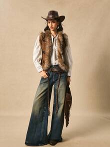 Easelle Veste sans manches vintage avec col en fourrure, laçage à œillets, style nomade. Gilet en fourrure pour femmes, vêtements western, Top en fourrure, hauts western pour l'automne/l'hiver - Tabac - Voir 5