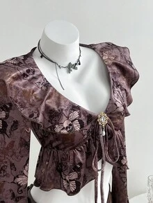 SHEIN Unity Women's Butterfly Print Tie-Front Blouse With Metallic Rhinestone Embellished Flare Sleeves, Luxurious & Elegant - Burgundy - View 5