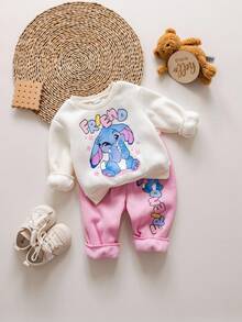 SHEIN Babygirl 可爱卡通图案针织衫裤套装 秋冬 - 米色 - 查看 3