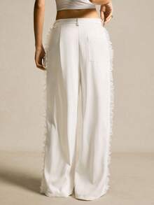 SoleilVie 休闲白色蕾丝拼布荷叶边下摆裤 - 白色 - 查看 2