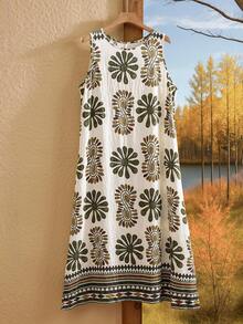 Rusticease 大码女式夏季乡村度假圆领无袖花卉印花连衣裙