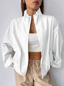 SHEIN EZwear Áo khoác nữ tay dài dệt cổ đứng màu trơn có khóa kéo Áo khoác nhẹ có khóa kéo Áo khoác Y2K cho mùa thu/đông - trắng - Xem 1