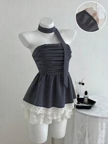 Elamini Lace Hem Crop Top With Plaid Strap Details, Babydoll Top