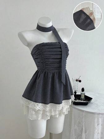 Elamini 蕾丝下摆短款上衣，格子肩带细节，娃娃装上衣