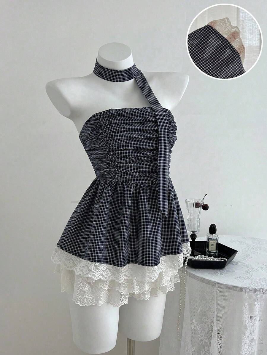 Elamini Lace Hem Crop Top With Plaid Strap Details, Babydoll Top