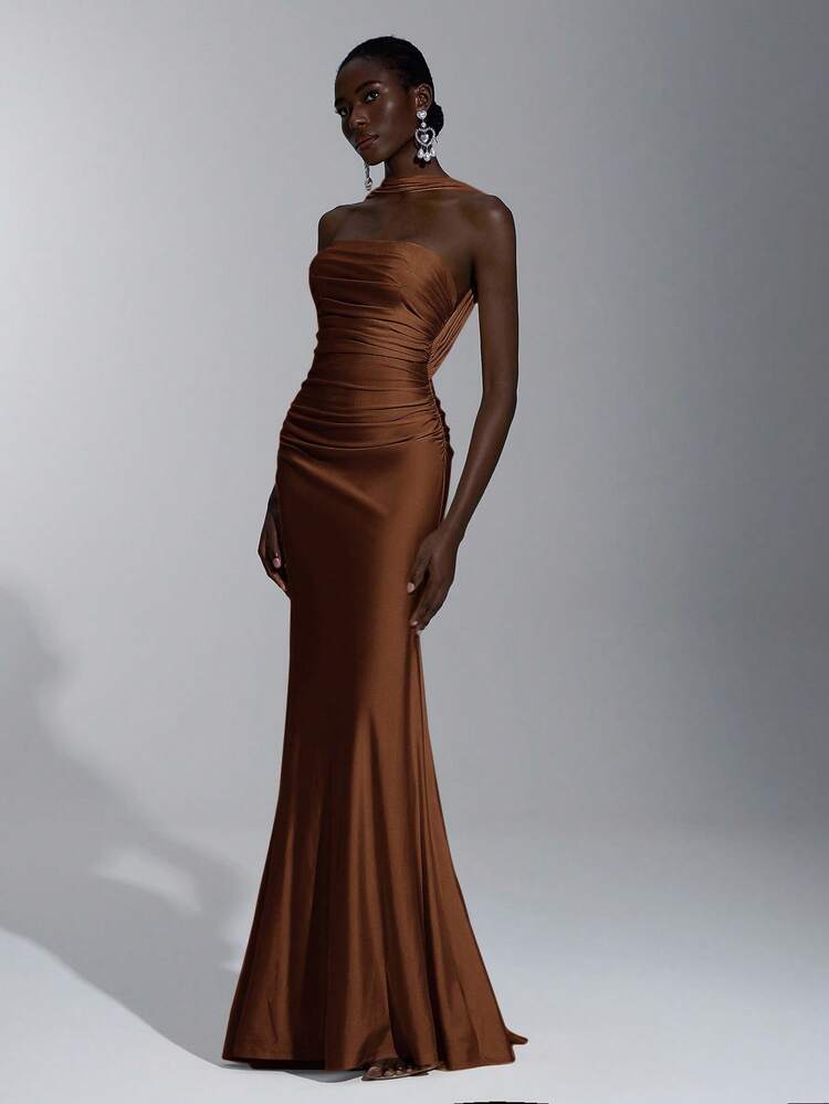 Elitara Elegante, romántico, sexy, minimalista, de punto, elástico, sin tirantes, sin espalda, ajustado, de moda, estilo influyente, adecuado para vacaciones, fiestas de cumpleaños, bodas, vestidos de dama de honor - Marrón - Añade 1