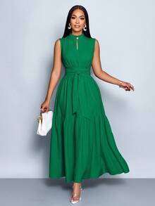 SOLERSUN 蓝色立领前开襟无袖束腰系带连衣裙女式优雅休闲时尚通勤 - 綠色 - 查看 4