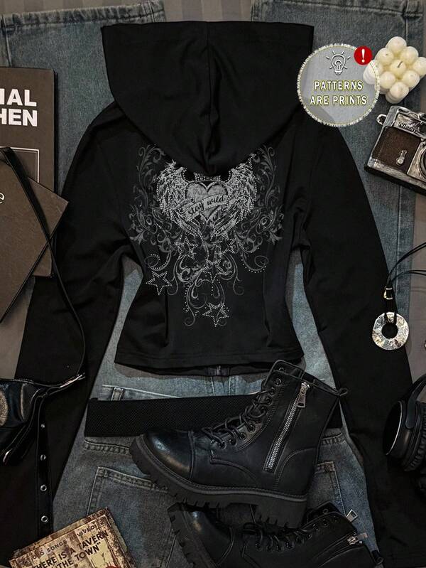 Attitoon Casual Street Style Vintage Love Crown Wings Cross Gothic Graphic Fitted Cropped Hoodie T-Shirt, Suitable For Autumn, Street Style, Vintage, Sexy, Cute, Y2K, Coconut Girl, Boho, Hippie, Music Festival, Autumn/Winter,Black Tops