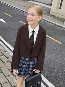 青少年女孩休闲单扣夹克，适合返校季 - 棕色 - 查看 4