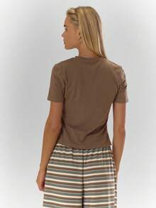 MUSERA 印花修身婴儿T恤，秋季舒适可爱休闲咖啡俱乐部优雅假日派对春夏款 - 咖啡棕 - 查看 2