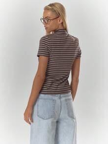 MUSERA Striped Neck Tie Detail Fitted Short Sleeve Top Fall Autumn Cosy Cute Casual Coffee Club Winter  ,Elegant  Holidays, Party - Multicolor - View 2