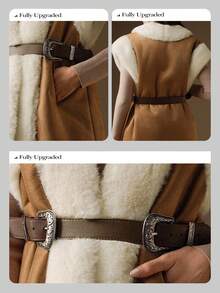 女士秋冬棕色无袖复古别致仿皮草背心，配双扣腰带，优雅正式派对外套 - 棕色 - 查看 3