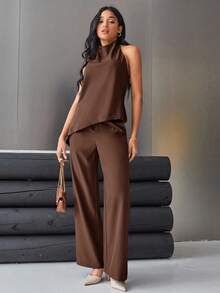 Aveloria Modichic 女士纯色露背吊带上衣和阔腿裤两件套优雅商务休闲女装 - 摩卡棕 - 查看 3