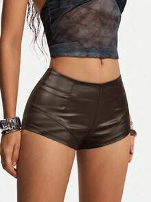 SHEIN Unity Women's Solid Color PU Leather Skinny Fashionable Versatile Shorts - Chocolate Brown - View 7