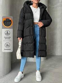 EURMUSE Solid Zip Up Hooded Puffer Coat - Black - View 1